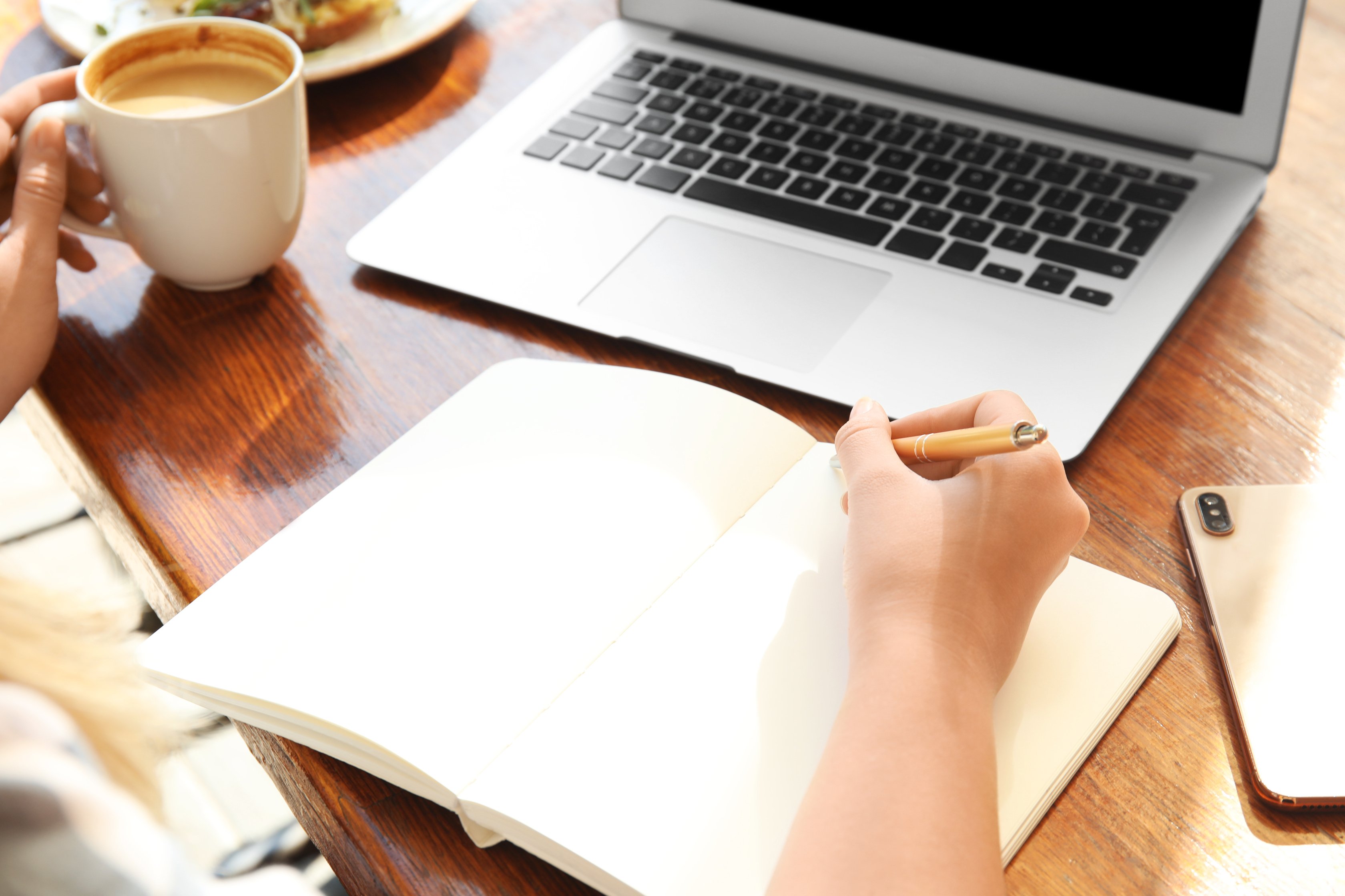 Woman Writing Blog Content in Notebook at Table, Closeup